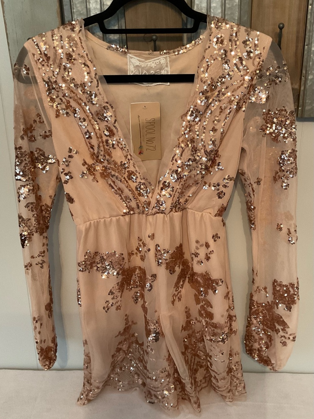 Spoon No 72 Sequin Embellished Deep V-Neck Mini Romper in Blush